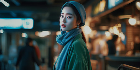 Portrait of beautiful asian woman in shopping mall at night.の素材