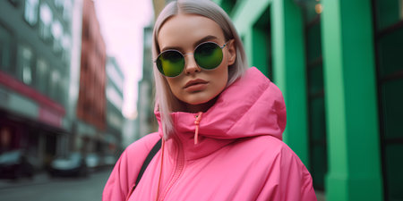 Fashionable blonde girl in pink jacket and sunglasses on the street.の素材