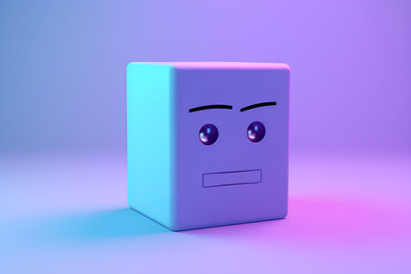 3d rendering of a blue box with a sad face on a purple backgroundの素材