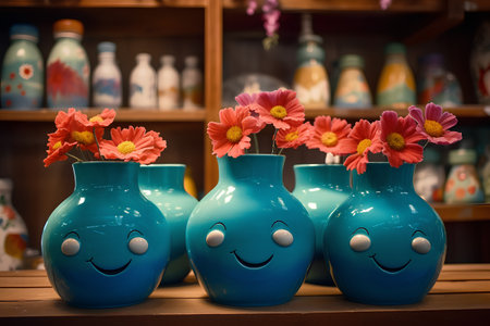 Blue vases with flowers on the shelf in the store. Toned.の素材