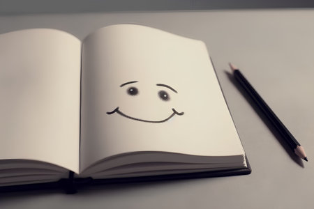 Drawing of a smiley face on a notebook with pencilsの素材