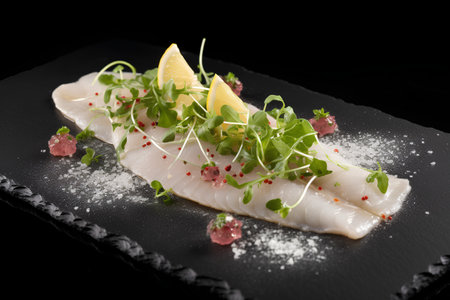Fillet of cod with lemon and microgreens on black backgroundの素材
