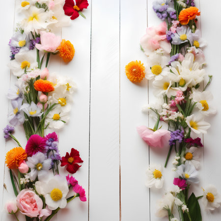 Flowers composition. Frame made of spring flowers on white wooden background. Flat lay, top view, copy spaceの素材