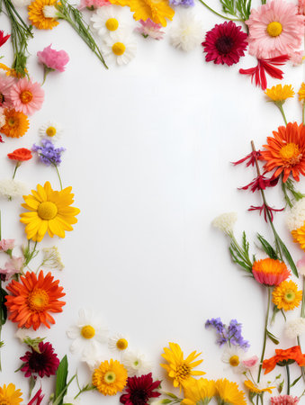 Flowers composition. Frame made of colorful flowers on white background. Flat lay, top view, copy spaceの素材