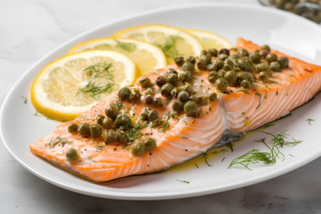 Salmon fillet with green peas and lemon on a white plateの素材