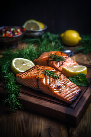 Salmon steak with lemon and herbs on a wooden board, selective focus.