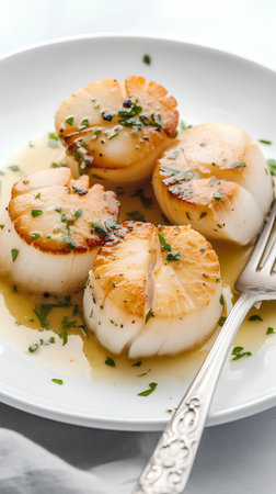 Grilled scallops with garlic and thyme on white plateの素材