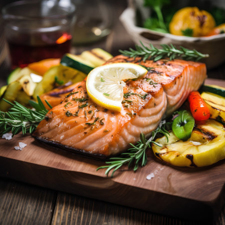 Grilled salmon with vegetables on cutting board. Healthy food concept.の素材