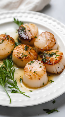 Grilled scallops with garlic butter and herbs on white plateの素材