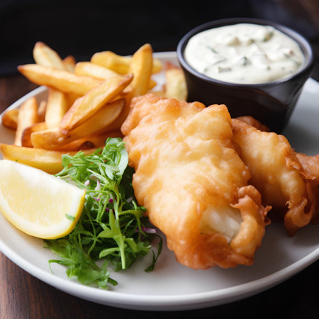 Fish and chips with tartar sauce on a wooden table, selective focusの素材