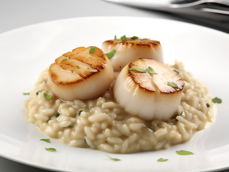 Delicious risotto with scallops, close-up.の素材