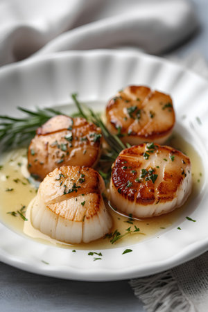 Grilled scallops with butter and herbs on a white plateの素材