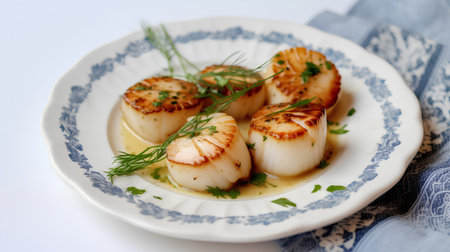 Grilled scallops with lemon and dill on a plateの素材