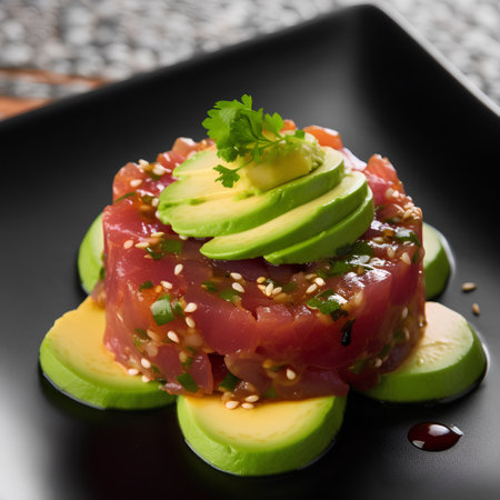 Tuna tartare with avocado and sesame seeds on black plateの素材
