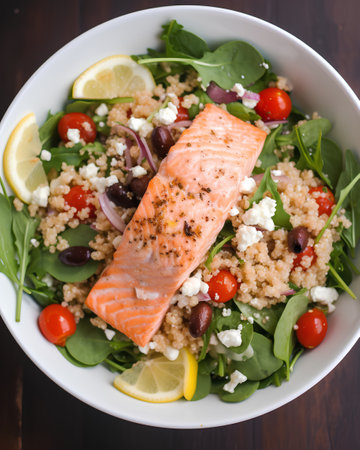 Salmon salad with couscous, tomatoes, arugula and olives in a bowl on wooden backgroundの素材
