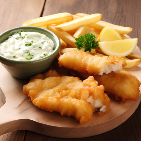 Fish and chips with tartar sauce on wooden board, closeupの素材