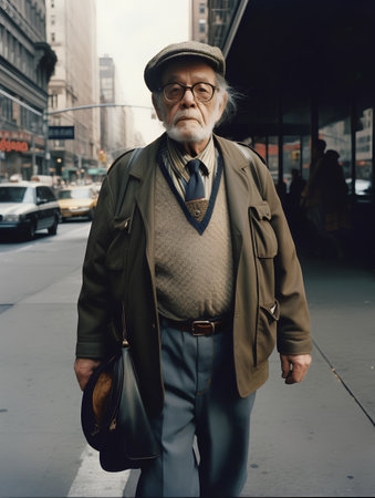 Portrait of a senior man walking on the street in New York Cityの素材