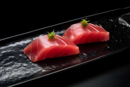 Tuna sashimi on a black background. Toned.の素材