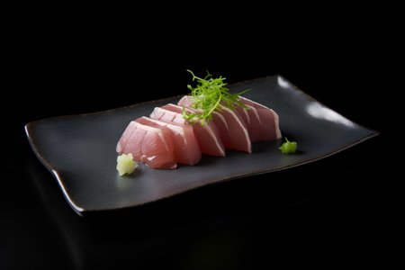 Tuna sashimi on a black plate isolated on black backgroundの素材