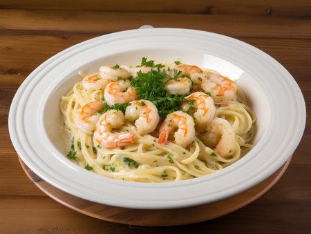 Spaghetti with shrimps and parsley in a white plateの素材