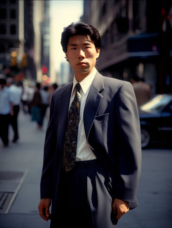 Portrait of a young asian businessman walking in the city.の素材