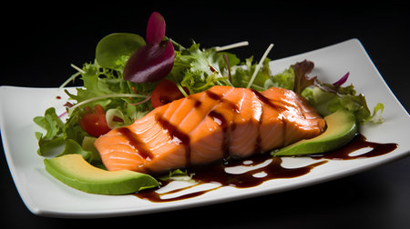 Salmon Sashimi with avocado and fresh salad on black backgroundの素材