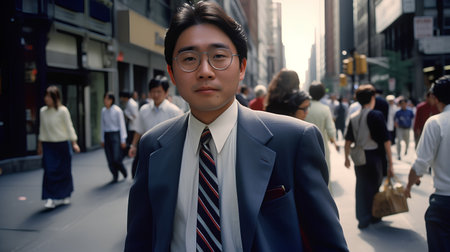 Businessman walking in the street with crowd of people in the backgroundの素材