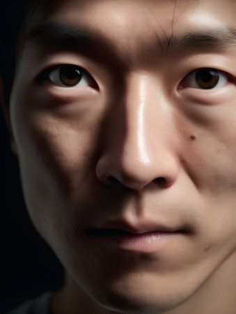 close up of asian man face on black background, shallow depth of fieldの素材