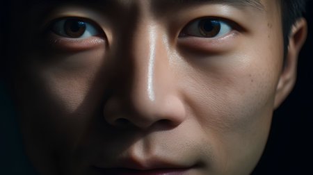 Close up of Asian man's face with blue eyes on black backgroundの素材