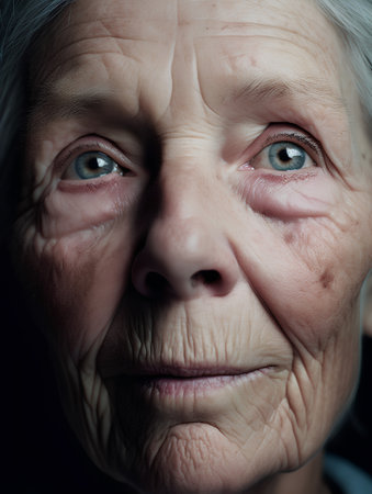Portrait of an elderly woman with wrinkles on her face. Toned.の素材