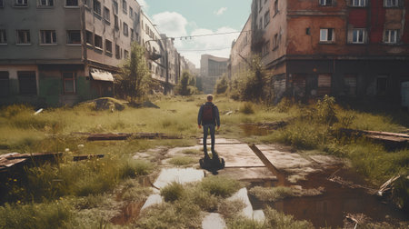 A man in a red shirt and jeans stands on the edge of a puddle in an abandoned city.の素材