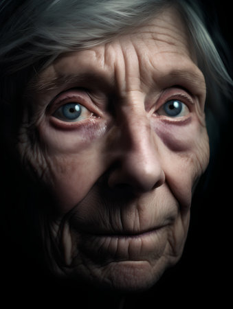 Portrait of an elderly woman on a dark background. Toned.の素材