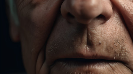 Close-up of an elderly man's face with wrinkles on the skin.の素材