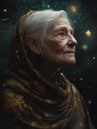Portrait of an old woman in a golden scarf on a dark backgroundの素材