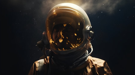 Astronaut in space with helmet and smoke on dark background.の素材