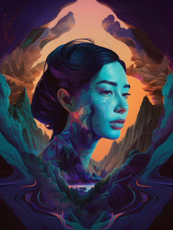 Fantasy portrait of a beautiful woman in a surreal landscape. Vector illustration.の素材