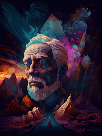 Fantasy alien planet. Old man in the desert. 3D renderingの素材