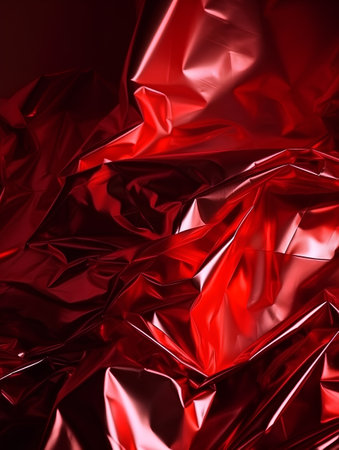 Red crumpled foil abstract background. 3d render illustration.の素材