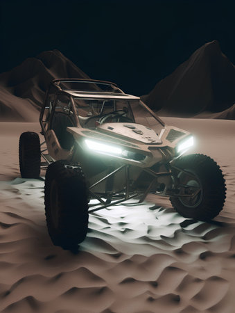 3d rendering of off-road vehicle in the desert at nightの素材