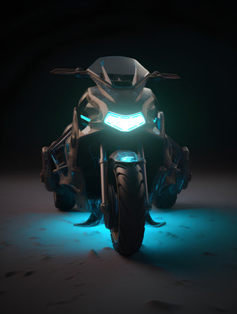 3D rendering of a powerful motorcycle in the desert with blue lightの素材