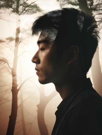 Asian man thinking in the forest with foggy background, 3d illustrationの素材
