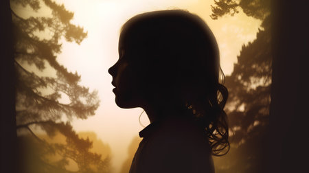 Silhouette of a little girl against the background of the forestの素材