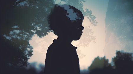 Silhouette of a boy in the forest with trees in the backgroundの素材