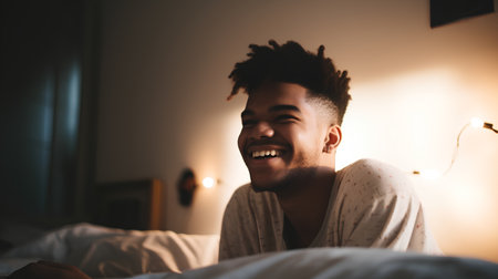 Smiling african american man waking up in the morning.の素材