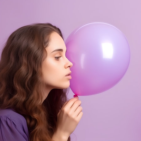 Beautiful young woman blowing a pink balloon on a purple background.の素材