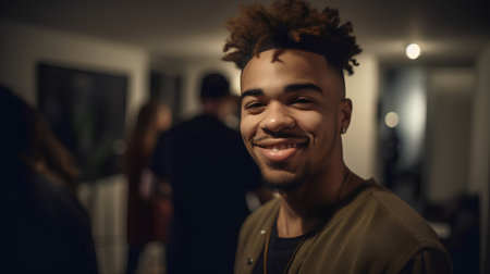 Portrait of a handsome african american man smiling in a galleryの素材