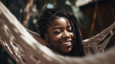 Portrait of a beautiful young african american woman in hammockの素材