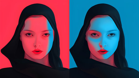 3d illustration of a woman in a black niqab with red lips and blue eyes.の素材