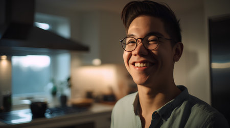 Smiling young man with eyeglasses standing in the kitchen at homeの素材