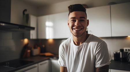 Portrait of a smiling young man standing in the kitchen at homeの素材